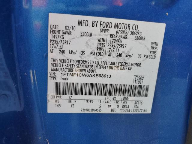 1FTMF1CW6AKB98613 - 2010 FORD F150 BLUE photo 10