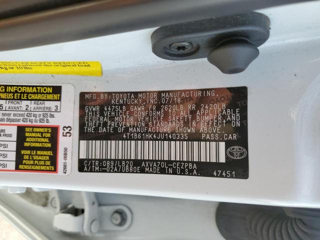 4T1B61HK4JU140335 - 2018 TOYOTA CAMRY XSE WHITE photo 10