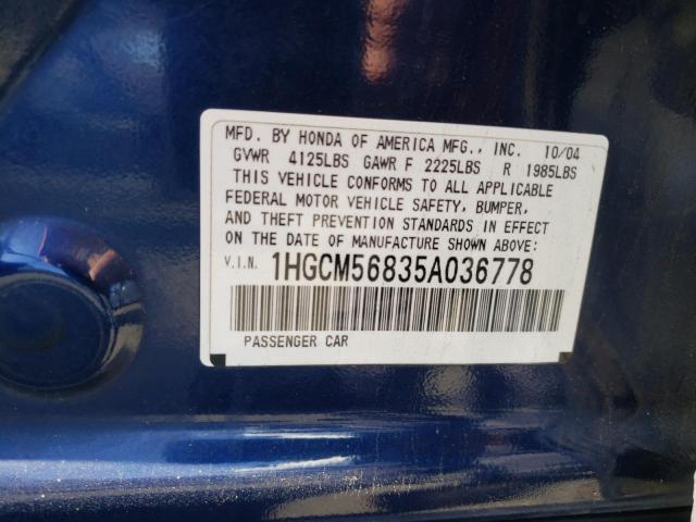 1HGCM56835A036778 - 2005 HONDA ACCORD EX BLUE photo 10