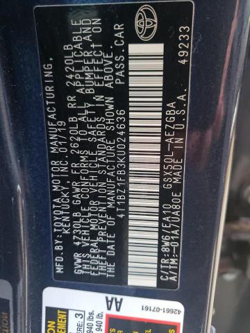 4T1BZ1FB3KU024636 - 2019 TOYOTA AVALON XLE BLUE photo 10