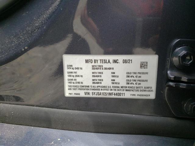 5YJSA1E51MF440011 - 2021 TESLA MODEL S Մոխրագույն լուսանկար 10