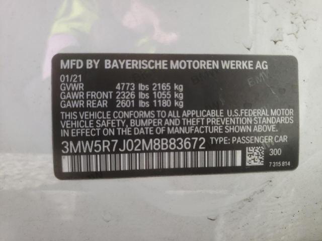 3MW5R7J02M8B83672 - 2021 BMW 330XI WHITE photo 10