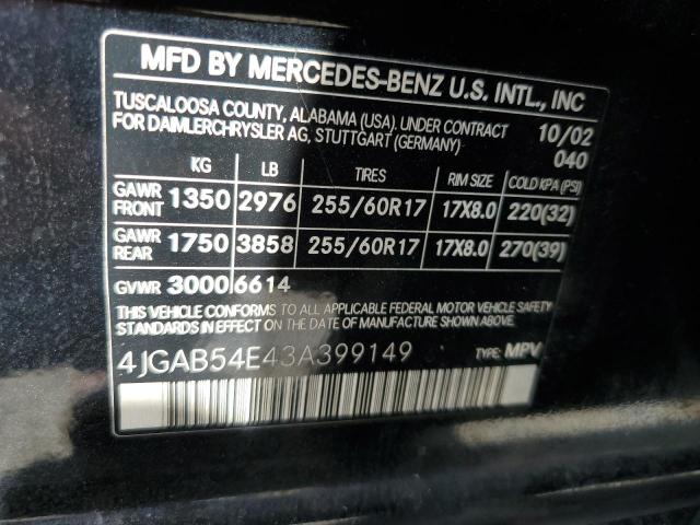 4JGAB54E43A399149 - 2003 MERCEDES-BENZ ML 320 BLACK photo 10