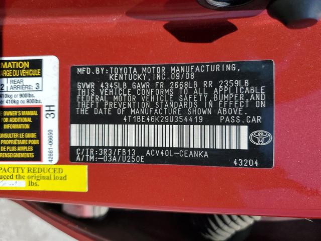 4T1BE46K29U354419 - 2009 TOYOTA CAMRY BASE RED photo 10