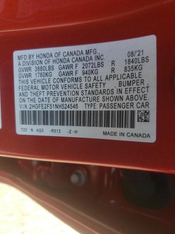 2HGFE2F51NH524546 - 2022 HONDA CIVIC SPOR RED photo 10