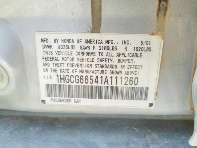 1HGCG66541A111260 - 2001 HONDA ACCORD LX SILVER photo 10