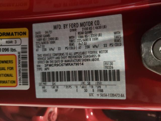 3FMCR9C67MRA79014 - 2021 FORD BRONCO SPO RED photo 10