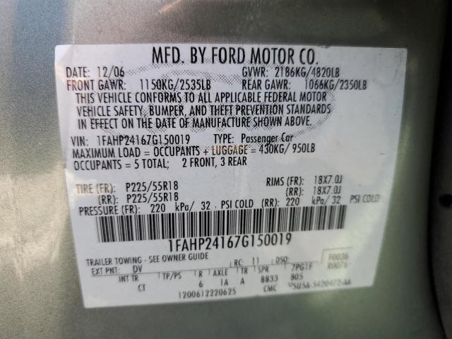 1FAHP24167G150019 - 2007 FORD FIVE HUNDR TEAL photo 10