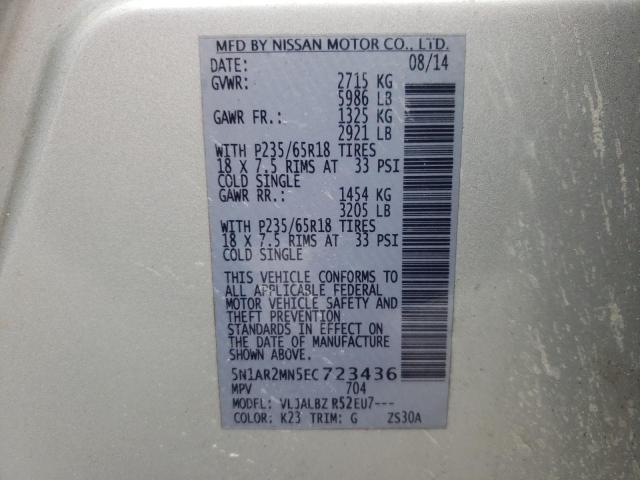 5N1AR2MN5EC723436 - 2014 NISSAN PATHFINDER SILVER photo 10