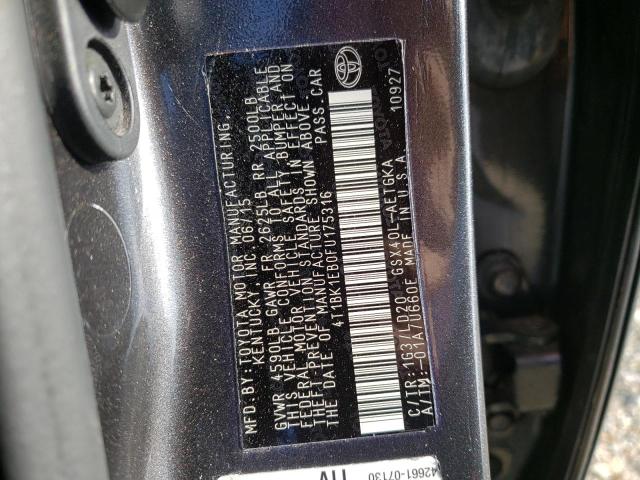 4T1BK1EB0FU175316 - 2015 TOYOTA AVALON XLE GRAY photo 10