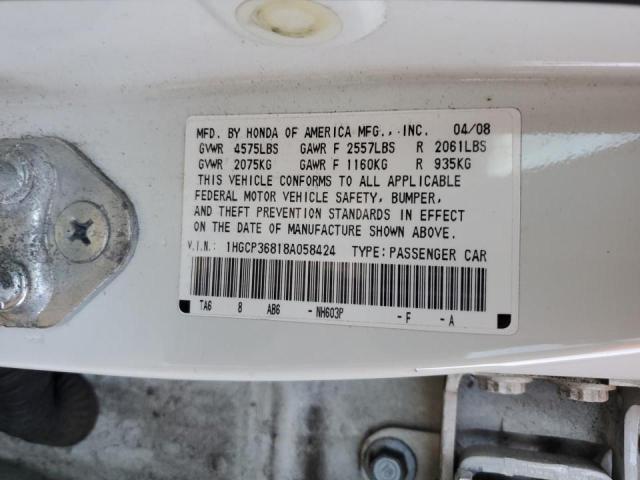 1HGCP36818A058424 - 2008 HONDA ACCORD EXL WHITE photo 10