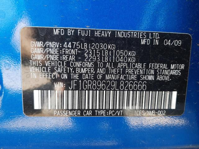 JF1GR89629L826666 - 2009 SUBARU IMPREZA WR BLUE photo 10