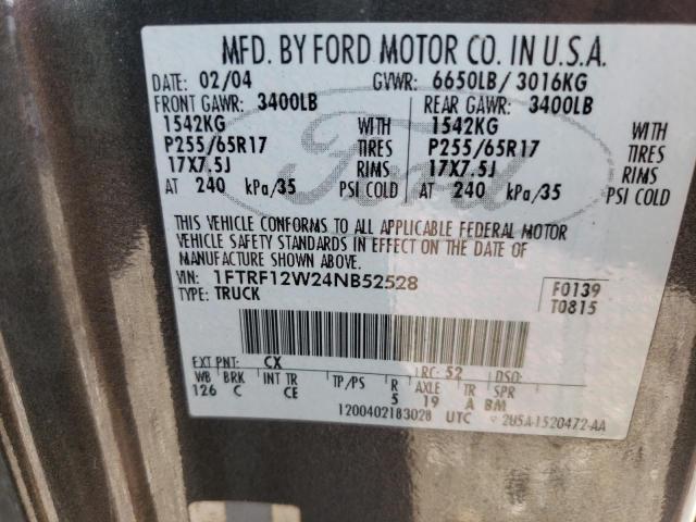 1FTRF12W24NB52528 - 2004 FORD F150 2WD GRAY photo 10