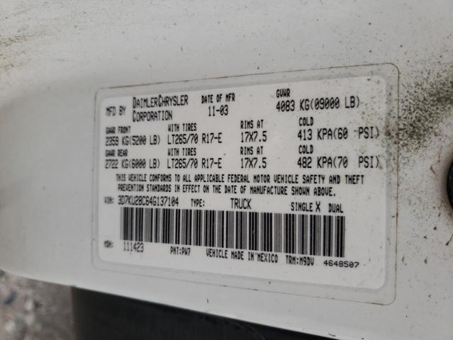 3D7KU28C64G137104 - 2004 DODGE RAM 2500 S Սպիտակ լուսանկար 10