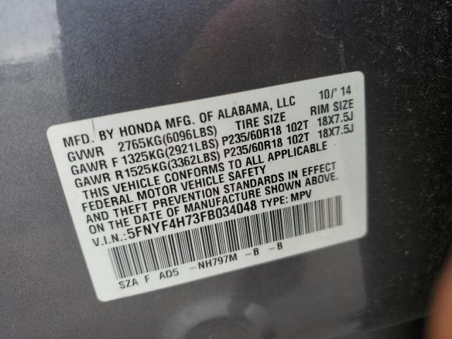 5FNYF4H73FB034048 - 2015 HONDA PILOT EXLN GRAY photo 10