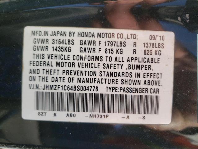 JHMZF1C64BS004778 - 2011 HONDA CR-Z EX BLACK photo 10