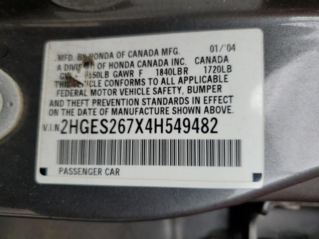 2HGES267X4H549482 - 2004 HONDA CIVIC EX GRAY photo 10