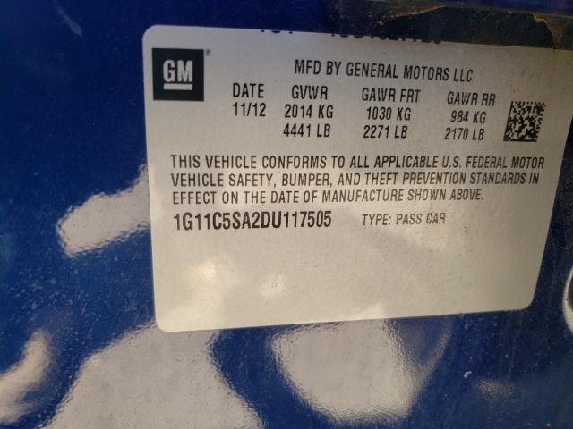 1G11C5SA2DU117505 - 2013 CHEVROLET MALIBU 1LT  照片 10