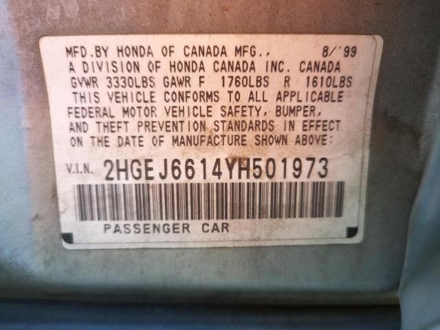 2HGEJ6614YH501973 - 2000 HONDA CIVIC BASE SILVER photo 10