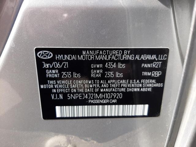 5NPEJ4J21MH107920 - 2021 HYUNDAI SONATA SEL SILVER photo 10