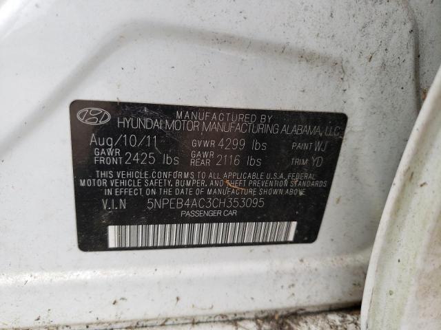 5NPEB4AC3CH353095 - 2012 HYUNDAI SONATA GLS WHITE photo 10