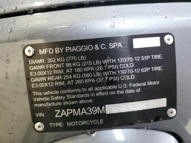 ZAPMA39M8N5300531 - 2022 VESPA GTS300 GRAY photo 10