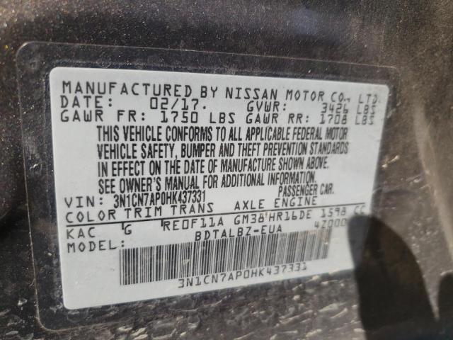 3N1CN7AP0HK437331 - 2017 NISSAN VERSA S GRAY photo 10