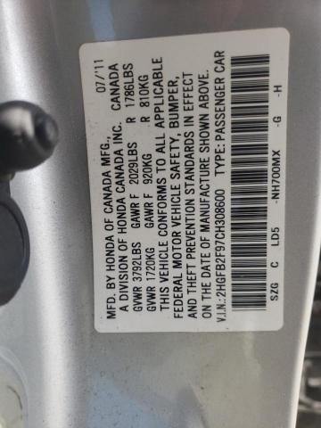 2HGFB2F97CH308600 - 2012 HONDA CIVIC EXL Gümüş foto 10