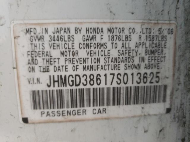 JHMGD38617S013625 - 2007 HONDA FIT S WHITE photo 10