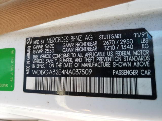 WDBGA32E4NA037509 - 1992 MERCEDES-BENZ 300-CLASS WHITE photo 10