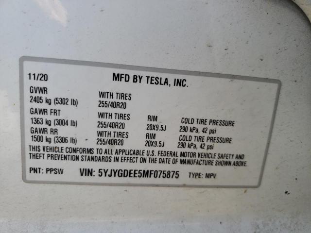 5YJYGDEE5MF075875 - 2021 TESLA MODEL Y WHITE photo 10