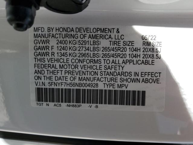 5FNYF7H56NB004928 - 2022 HONDA PASSPORT E 白色 照片 10