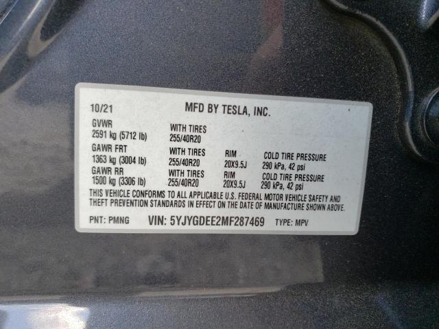 5YJYGDEE2MF287469 - 2021 TESLA MODEL Y BLACK photo 10