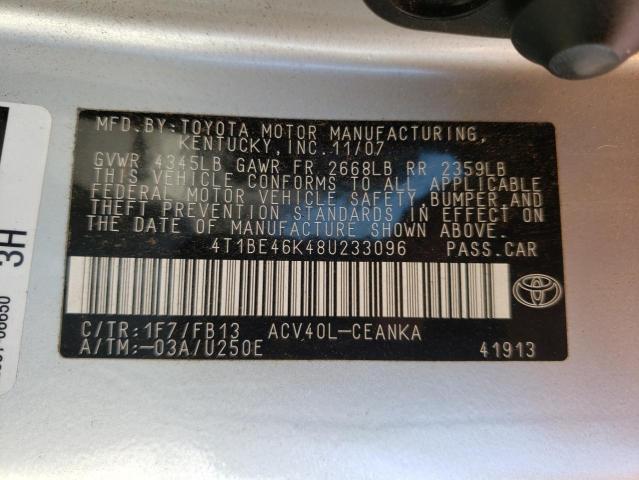 4T1BE46K48U233096 - 2008 TOYOTA CAMRY CE SILVER photo 10