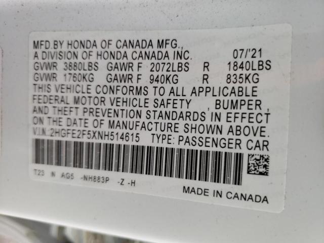 2HGFE2F5XNH514615 - 2022 HONDA CIVIC SPOR WHITE photo 10