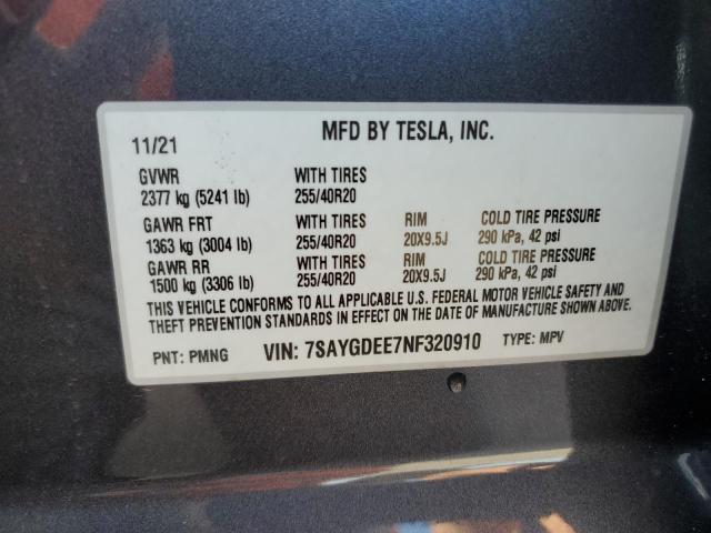7SAYGDEE7NF320910 - 2022 TESLA MODEL Y Серый фото 10