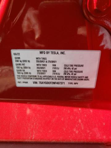 7SAYGDEF2NF467371 - 2022 TESLA MODEL Y أحمر صورة 10