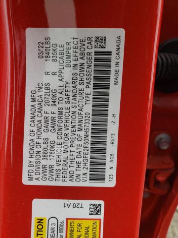2HGFE2F50NH573320 - 2022 HONDA CIVIC SPOR RED photo 10