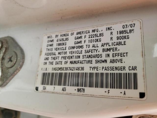 1HGCM56397A214636 - 2007 HONDA ACCORD SE WHITE photo 10