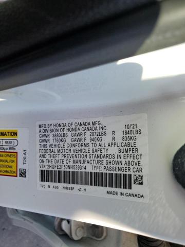 2HGFE2F50NH539314 - 2022 HONDA CIVIC SPOR WHITE photo 10