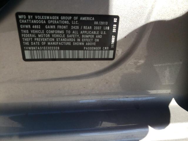 1VWBN7A31EC022328 - 2014 VOLKSWAGEN PASSAT SE SILVER photo 10