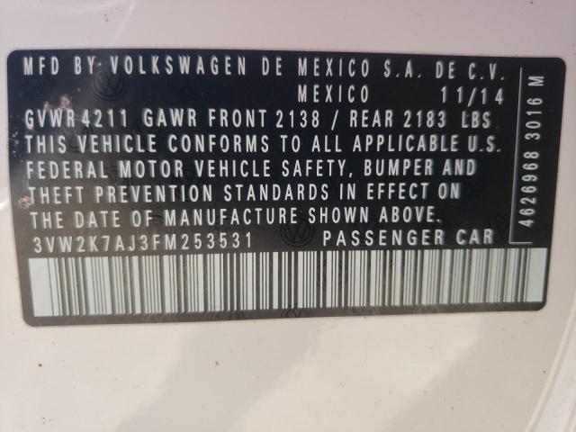 3VW2K7AJ3FM253531 - 2015 VOLKSWAGEN JETTA BASE Սպիտակ լուսանկար 10