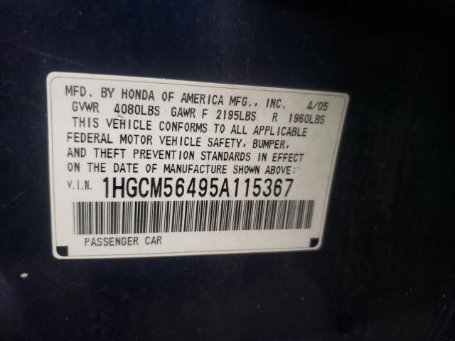 1HGCM56495A115367 - 2005 HONDA ACCORD LX BLUE photo 10