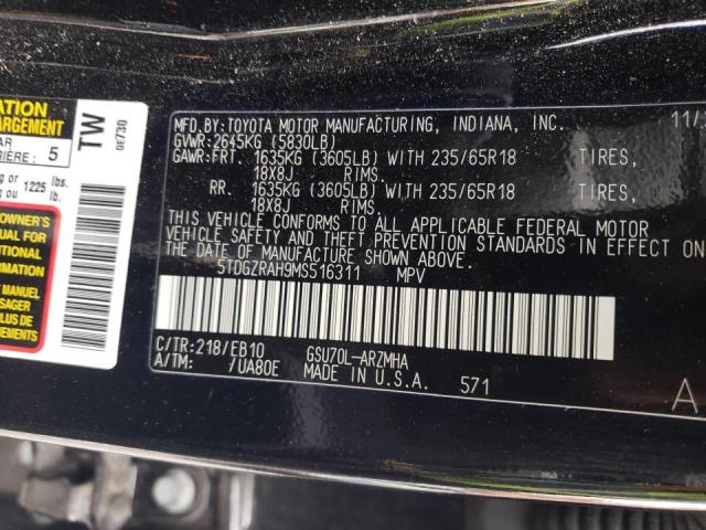 5TDGZRAH9MS516311 - 2021 TOYOTA HIGHLANDER BLACK photo 10