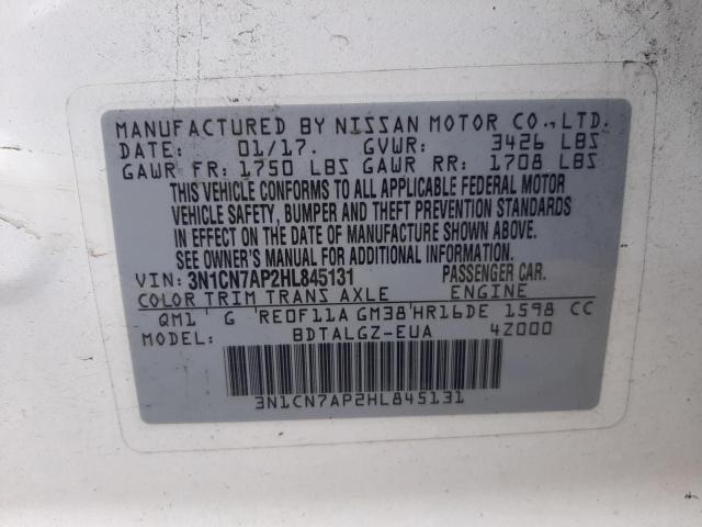 3N1CN7AP2HL845131 - 2017 NISSAN VERSA S WHITE photo 10