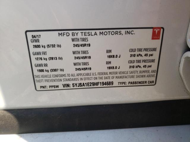 5YJSA1E29HF194689 - 2017 TESLA MODEL S Սպիտակ լուսանկար 10