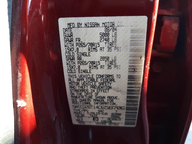 5N1ED28T14C658706 - 2004 NISSAN XTERRA MAROON photo 10