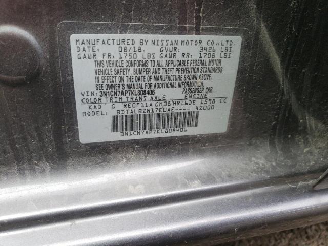 3N1CN7AP7KL808406 - 2019 NISSAN VERSA GRAY photo 10