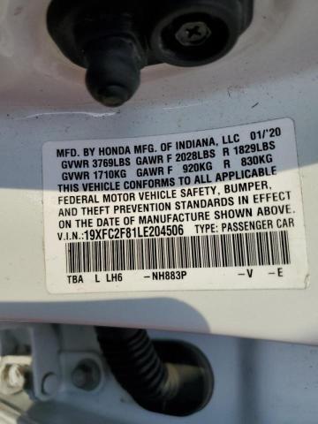 19XFC2F81LE204506 - 2020 HONDA CIVIC SPOR WHITE photo 10
