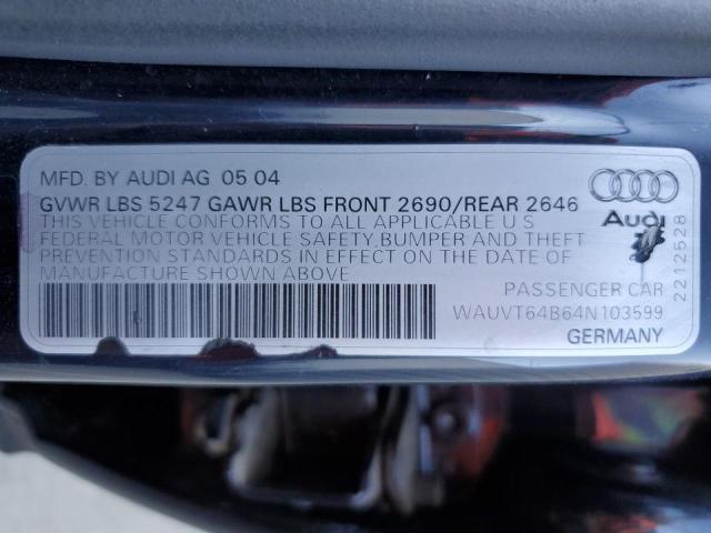 WAUVT64B64N103599 - 2004 AUDI A6 3.0 AVA BLUE photo 10